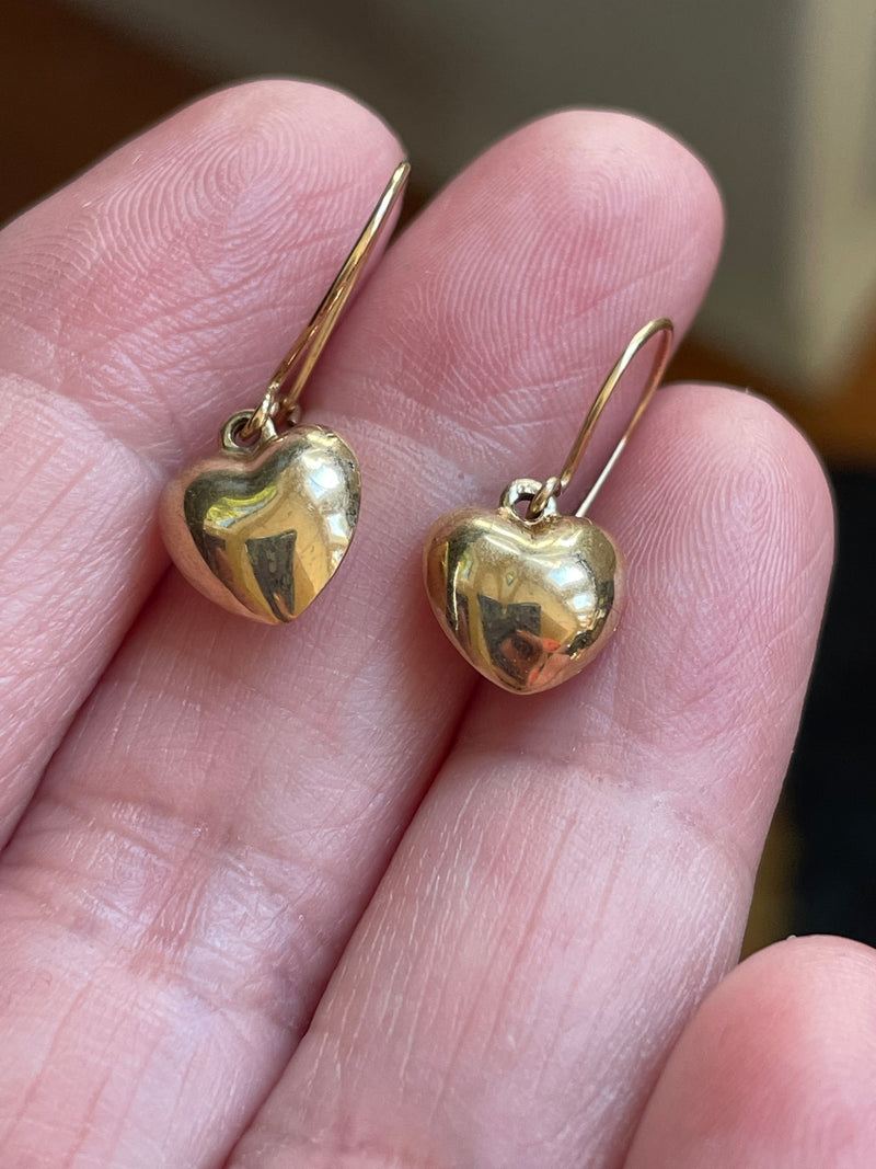 Puffy Heart Drop Earrings - 14k Gold - Vintage