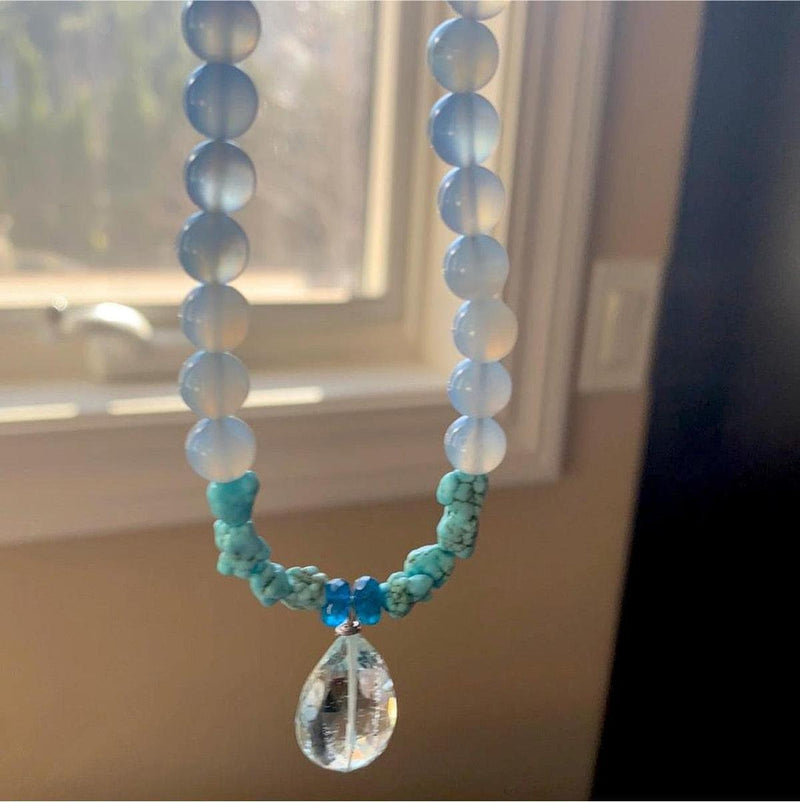 Aquamarine Drop Necklace - Turquoise, Chalcedony and Apatite - Sterling Silver - Handmade