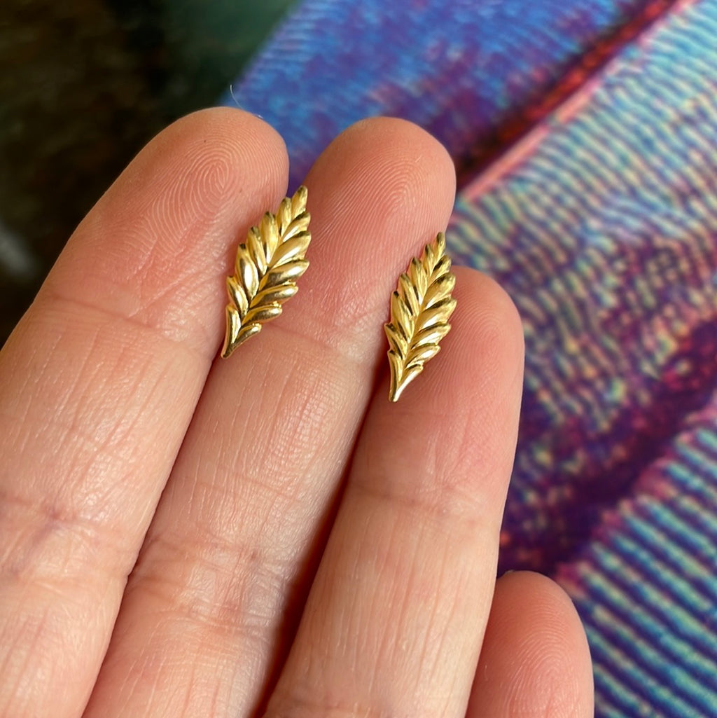Gold Leaf Stud Earrings | Miniature Gold Plated Leaf Studs | Henryka UK
