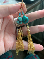 Turquoise Tassel Earrings - Vermeil (gold over sterling tassels) - Turquoise and Apatite - Gold Filled - Handmade
