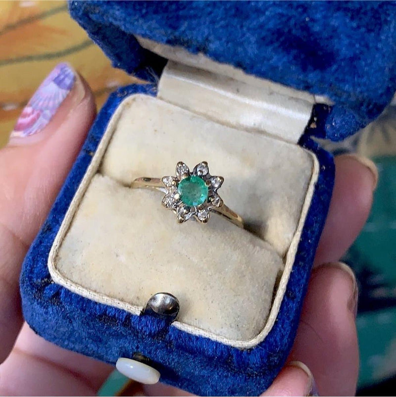 Emerald Diamond Flower Ring - 10k Gold - Vintage