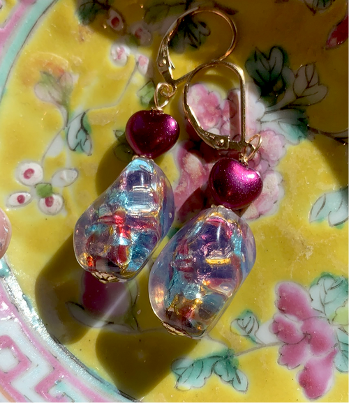 Heart Foil Glass Earrings - Gold Filled Findings - Handmade