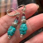 Turquoise Sun Earrings - Garnet and Fluorite - Sterling Silver - Handmade