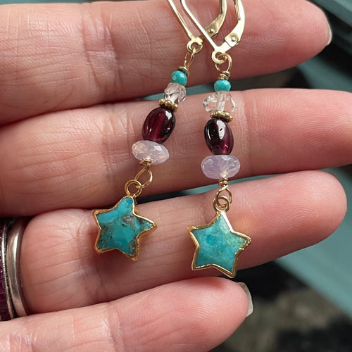 Turquoise Star Earrings - Moon Quartz, Garnet, Herkimer Diamond and Turquoise- Gold Filled - Handmade