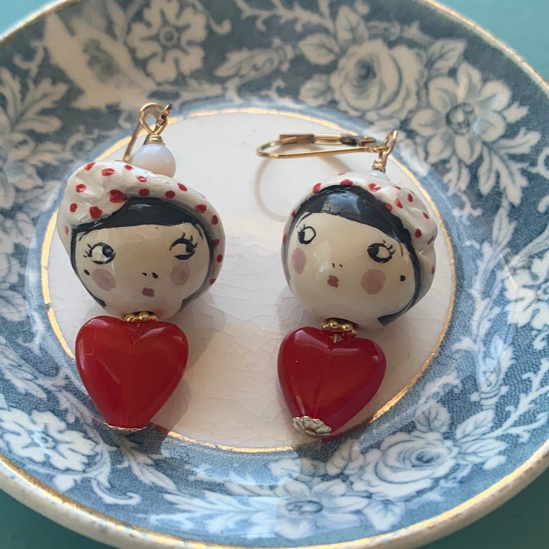 Parisian Lady Earrings - Porcelain and Glass - Gold Filled - Handmade