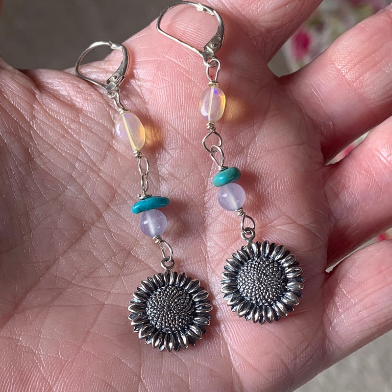 Sunflower Earrings - Opal, Chalcedony and Turquoise - Sterling Silver - Vintage