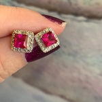 Pink Sapphire Diamond Halo Earrings - 10k Gold - Vintage