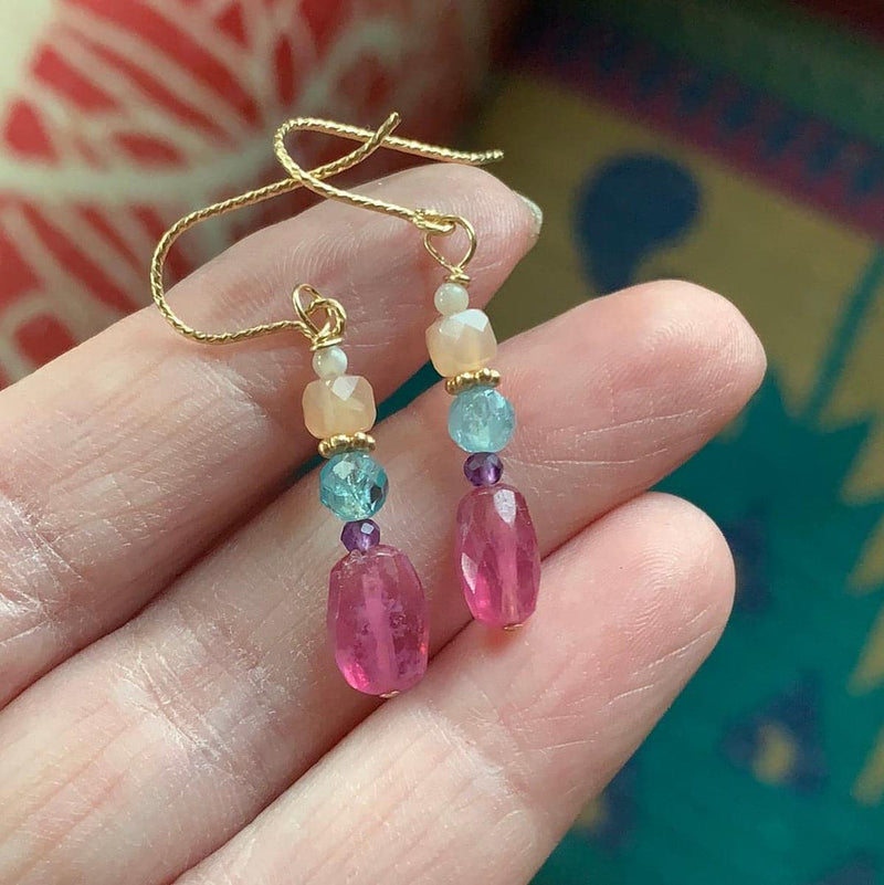 Pink Sapphire Earrings - Apatite, Amethyst, Peach Moonstone and Mother of Pearl - Gold Filled - Handmade