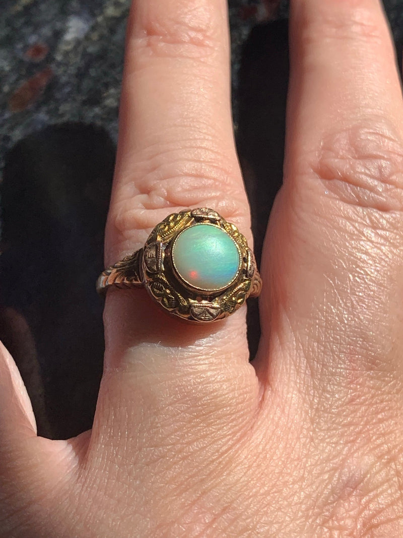 Opal Ring - Rose and Yellow Gold - 10k Gold - Nouveau - Antique