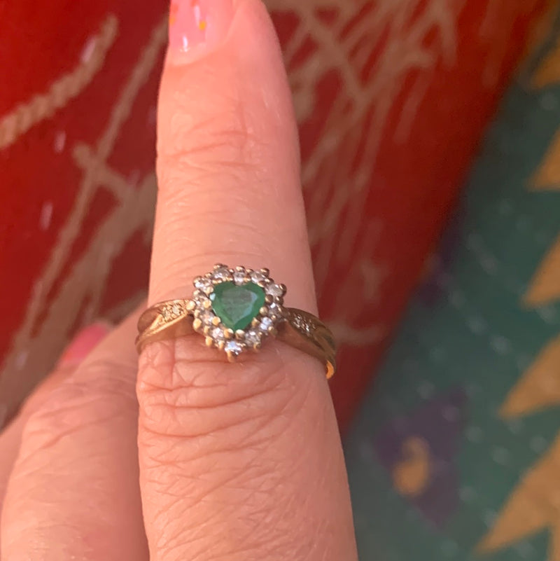 Emerald Heart Ring - Diamond Halo