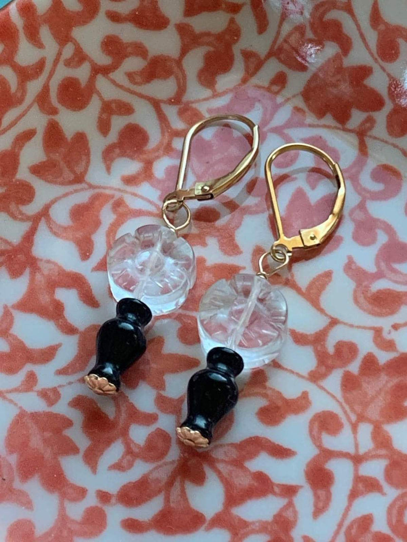 Carved Quartz and Onyx Earrings - Gold Filled - Handmade - Love Vintage Paris