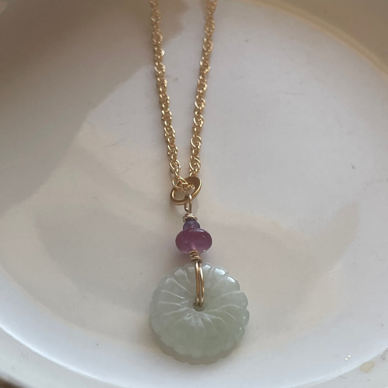 Scalloped Jade Pendant - Pink Sapphire and Amethyst - Gold Filled - Handmade