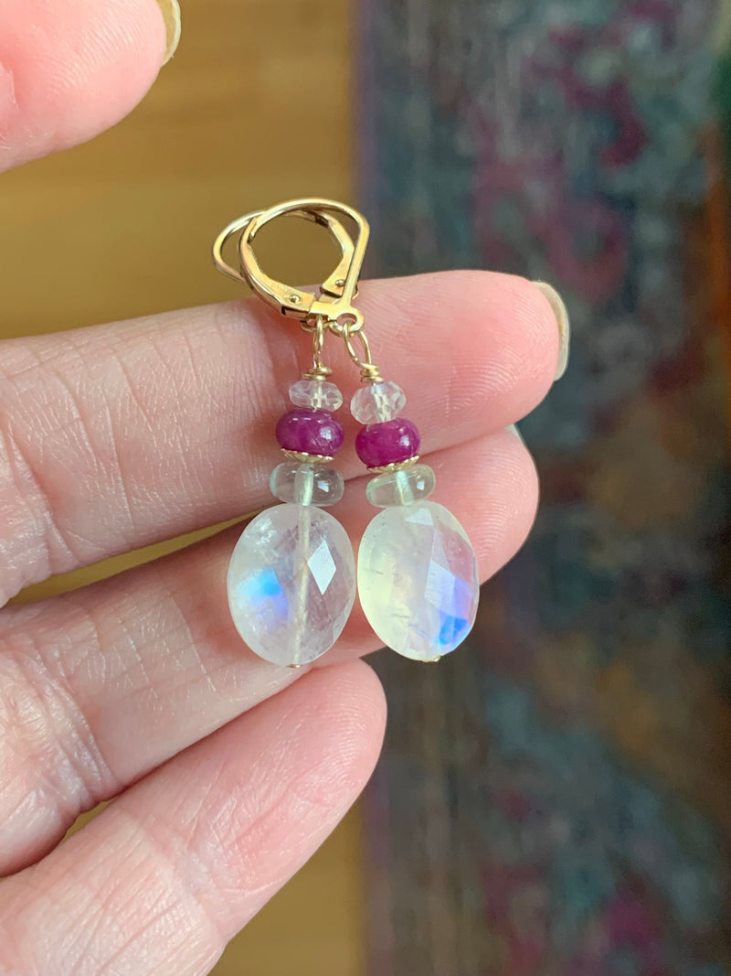 Moonstone Earrings - Ruby and Aquamarine - Gold Filled - Handmade
