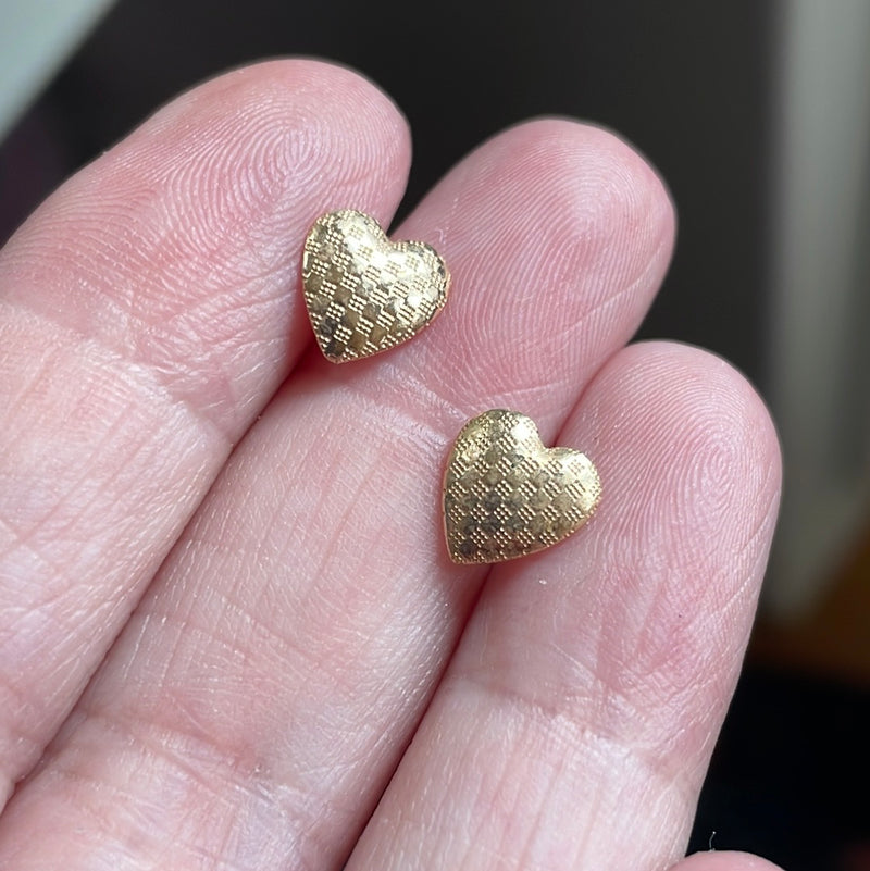 Checked Heart Earrings - 14k Gold - Vintage