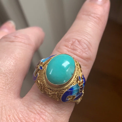 Turquoise Ring - Enamel - Chinese Impost - Vermeil - Vintage