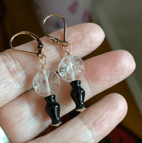 Carved Quartz and Onyx Earrings - Gold Filled - Handmade