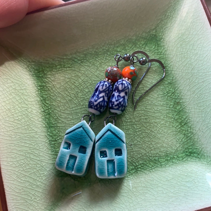 Turquoise House Earrings - Vintage Beads - Oxidized Sterling Silver - Handmade
