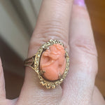 Carved Coral Cameo Ring - 10k Gold - Vintage