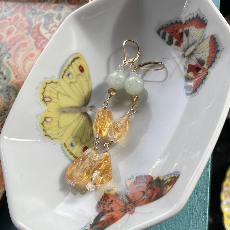 Citrine Drop Earrings - Jade and Opal - Gold Filled - Handmade