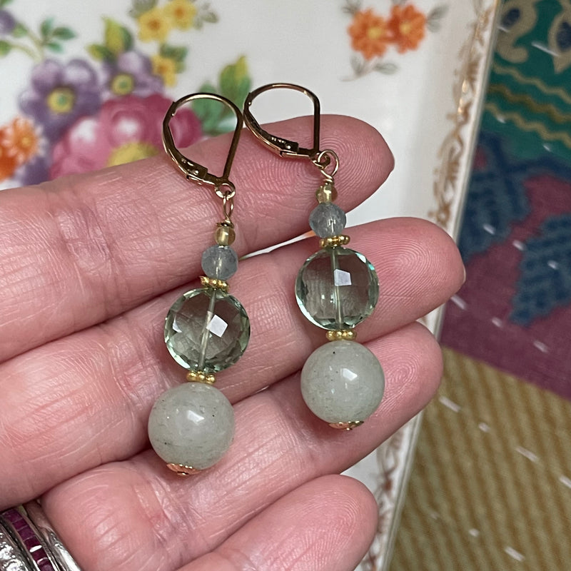 Jade Drop Earrings - Green Amethyst and Fluorite - Gold Filled - Handmade
