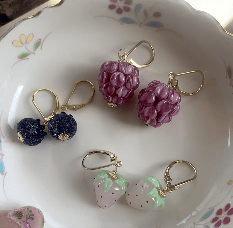 Glass Berry Earrings - Lavender Raspberries, Sugared Blueberries and Strawberries - Gold Filled - Handmade