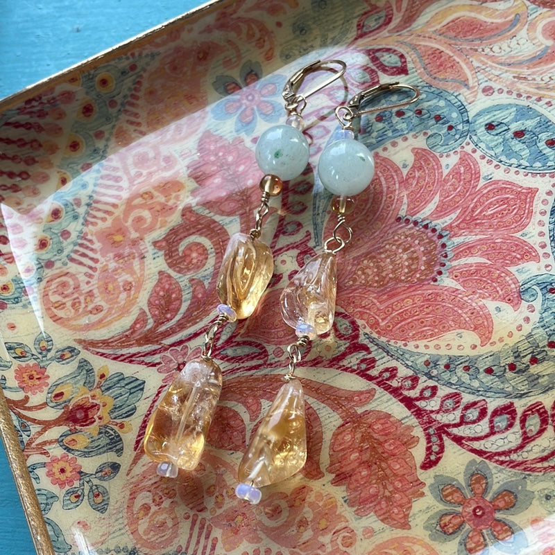 Citrine Drop Earrings - Jade and Opal - Gold Filled - Handmade