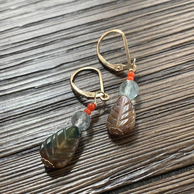 Carved Agate Leaf Earrings - Fluorite and Coral - Gold Filled - Handmade - Love Vintage Paris