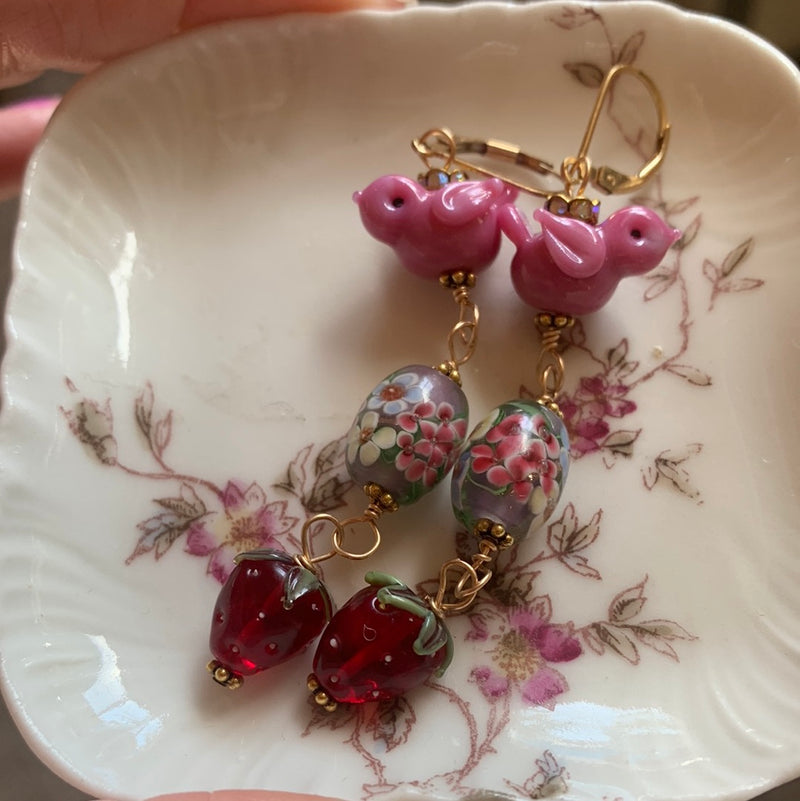 Bird Berry Earrings - Lampwork Beads - Goldfilled - Handmade