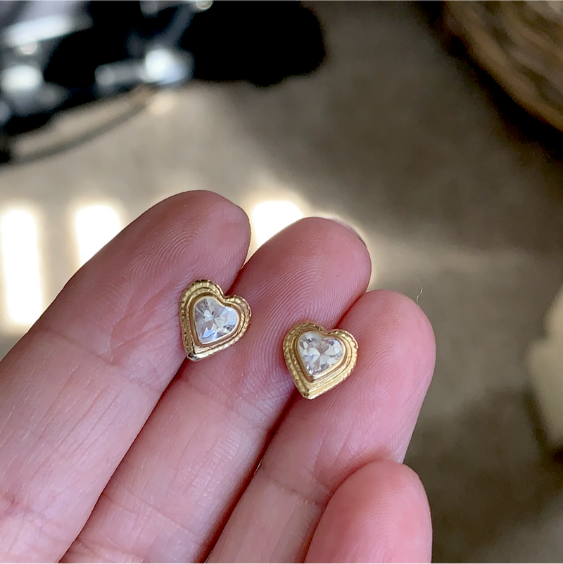 Heart Earrings - CZ - 14k Gold - Vintage