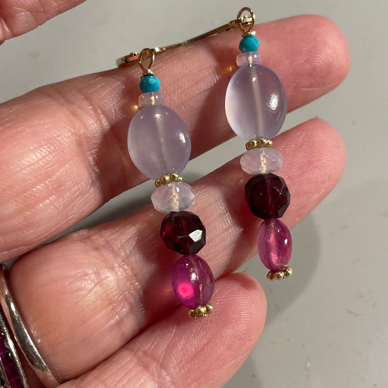 Chalcedony Earrings - Pink Sapphire, Garnet, Moon Quartz, Opal and Turquoise - Gold Filled - Handmade