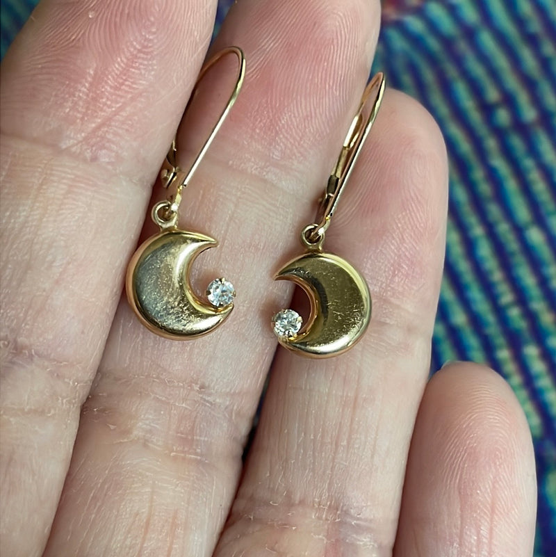 Puffy Moon Earrings - CZ - 14k Gold - Vintage