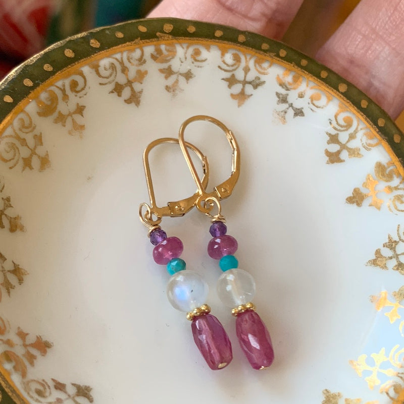 Gemstone Totem Earrings - Pink Sapphire, Amethyst, Moonstone and Turquoise - Gold Filled - Handmade