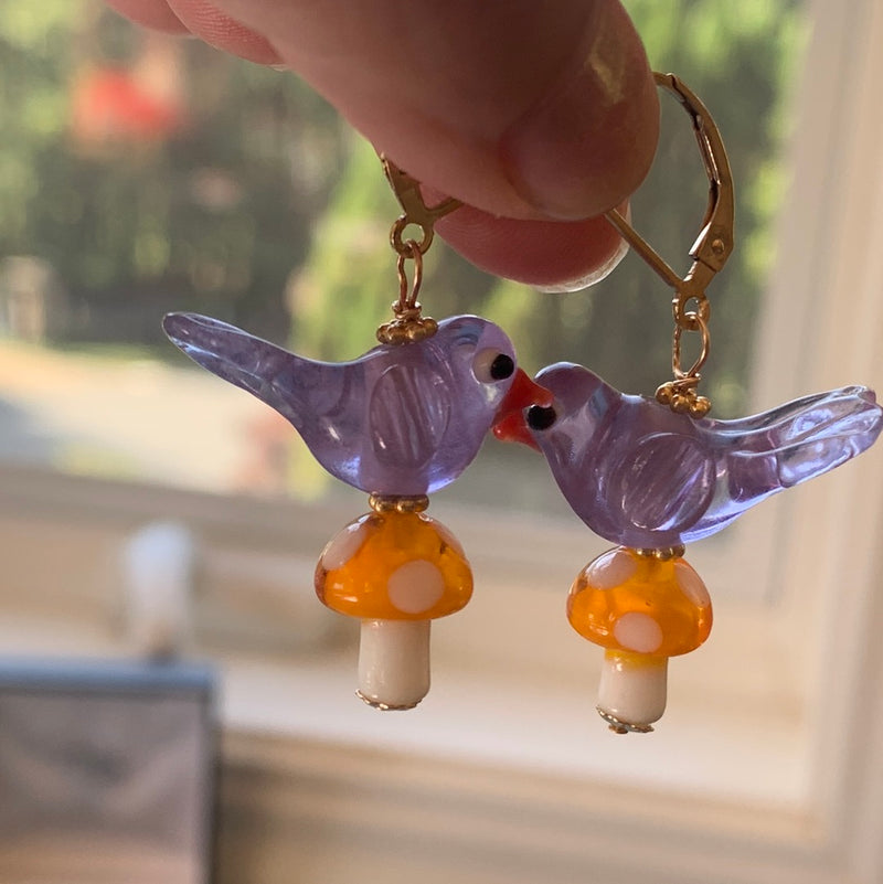Bird Mushroom Earrings - Gold Filled - Handmade