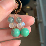 Opal, Carved Moonstone and Fluorite Earrings - Gold Filled - Handmade
