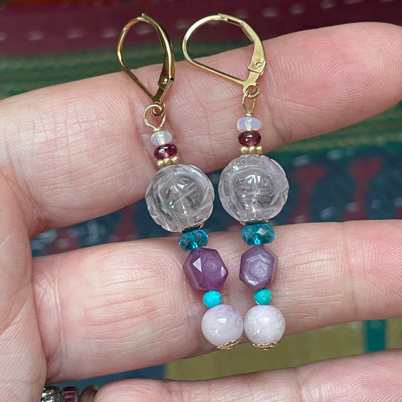 Carved Amethyst Earrings - Raspberry Sapphire, Apatite, Lavender Jade, Garnet, Opal, Turquoise - Gold Filled - Handmade