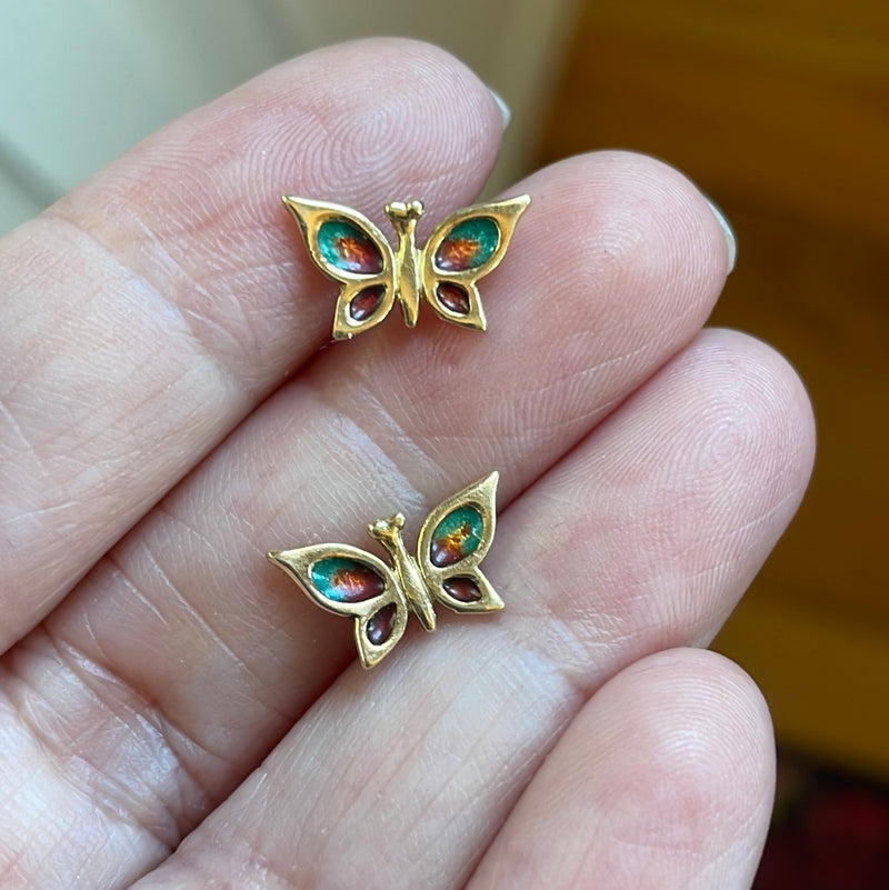 Enamel Butterfly Earrings - 14k Gold - Vintage