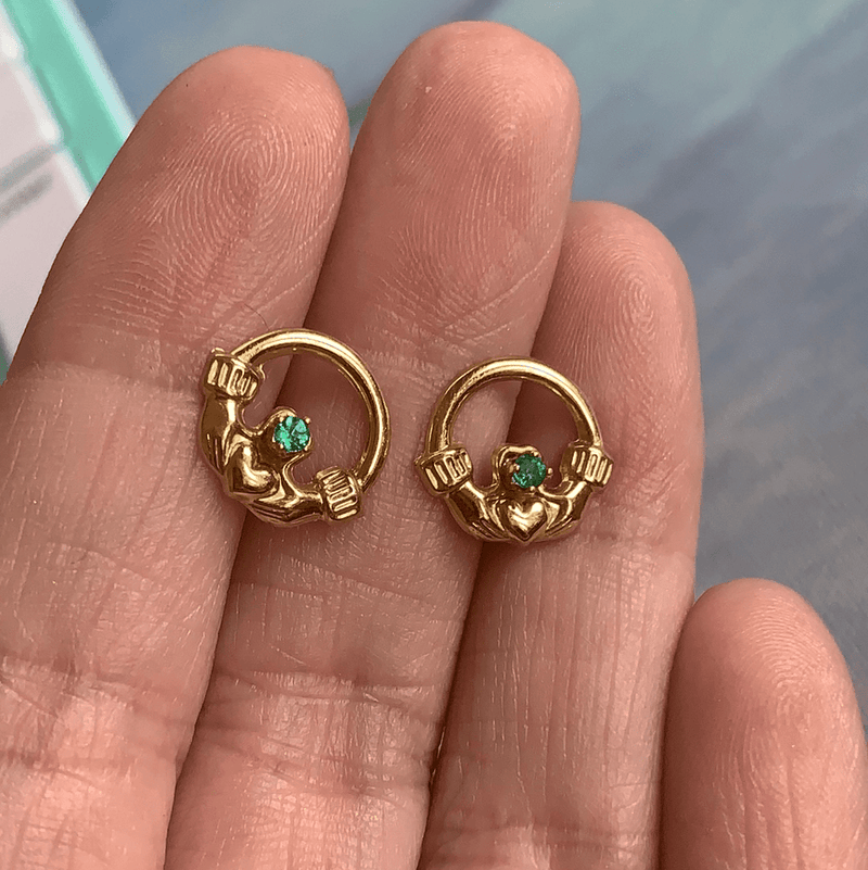 Emerald Hand Heart Earrings - 14k Gold - Vintage