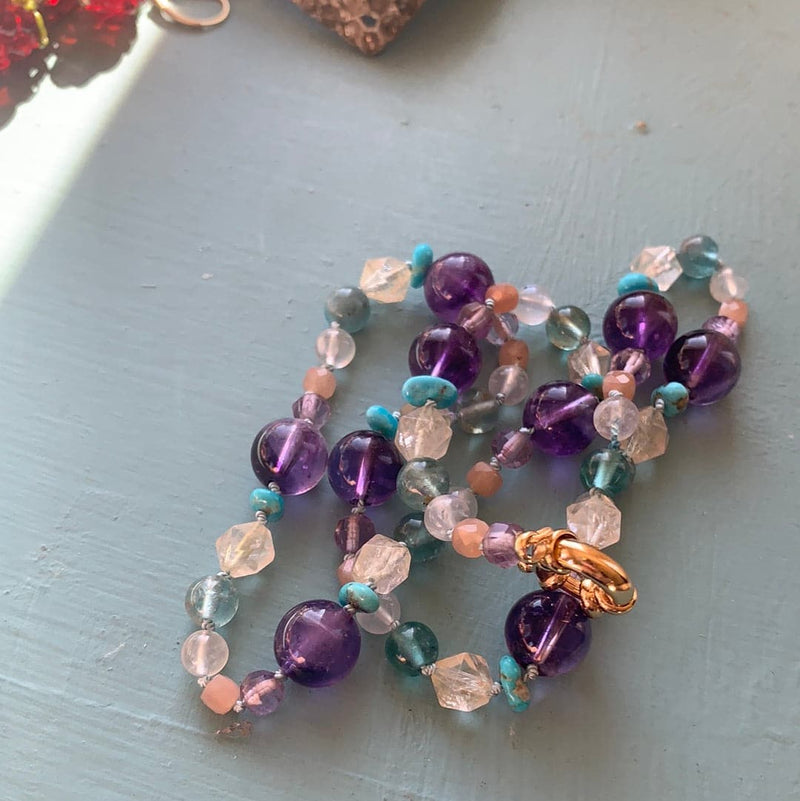 Hand Knotted Gemstone Necklace on Silk - Amethyst, Peach Moonstone, Rainbow Moonstone and Fluorite