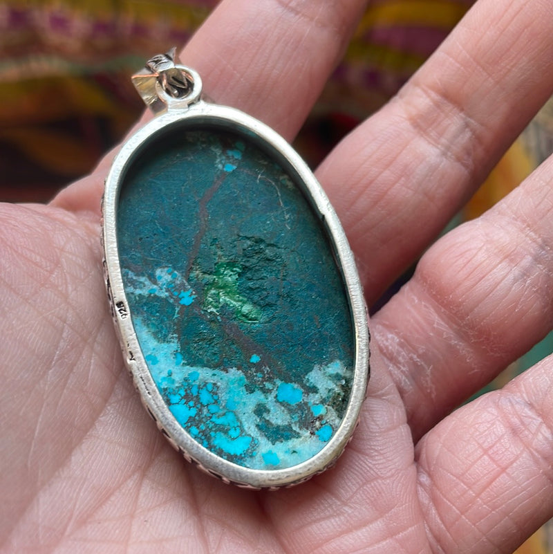 Large Turquoise Pendant - Sterling Silver - Vintage