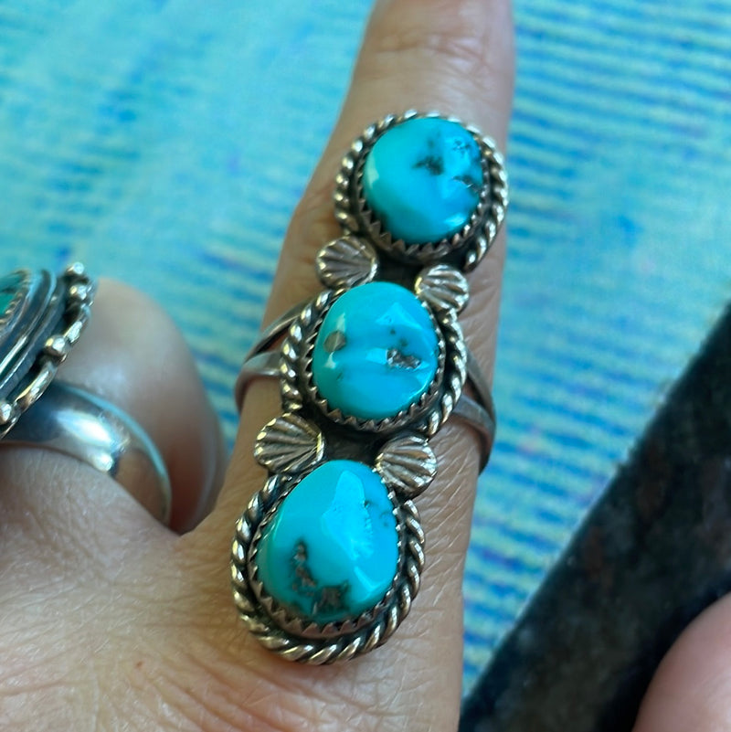 Turquoise Three Stone Ring - Native American - Sterling Silver - Vintage