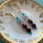 Gemstone Totem Earrings - Garnet, Amethyst, Fluorite and Turquoise - Gold Filled - Handmade