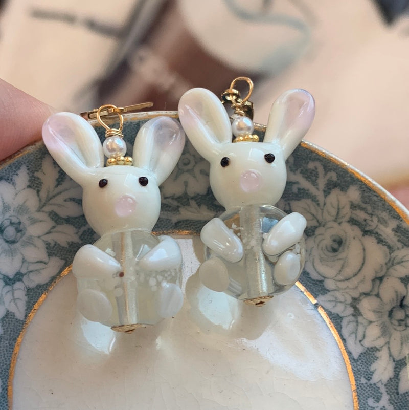 Glass Rabbit Earrings - Pearl - Gold Filled - Handmade