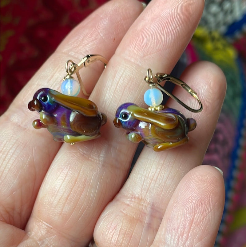 Glass Rabbit Earrings  - Brown and Purple - Opal Glass Beads - Gold Filled - Handmade